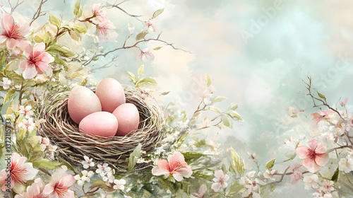 Drawing of Easter eggs in a nest lying on flowering branches with pink flowers.
