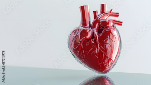 Red anatomical heart made of plastic on a gray background.