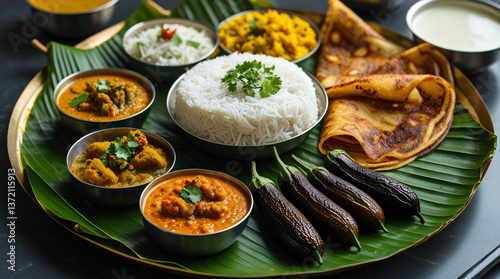 Andhra Spicy Meals – A fiery Andhra thali on a banana leaf with spicy gongura chutney, pappu (dal), ghee rice, gutti vankaya (stuffed brinjal), and crispy pesarattu dosa, served with  buttermilk photo