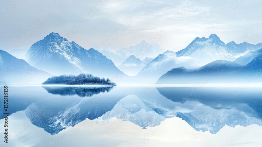 Fototapeta premium Chinese style mountains, rivers, and streams, traditional flower arrangement, grand momentum, Chinese Taoism, blue color scheme, minimalist composition, smooth Danxia landform, realistic lighting, min