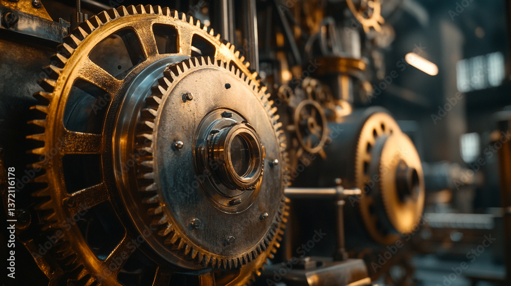 Close up of intricate gears and mechanisms in a complex industrial machine design setting Close up of intricate gears and mechanisms in a complex industrial machine design setting