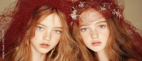 Twin portrait Red-haired girls with blue eyes under burgundy netting