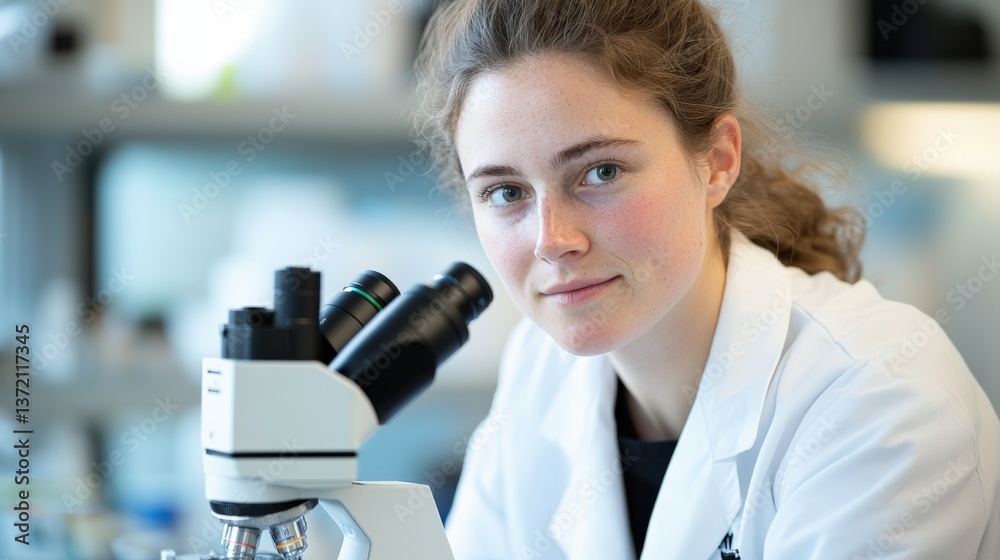 A young scientist in a lab coat looks confidently at the camera, with a microscope in front of her, symbolizing research and discovery. A young scientist in a lab coat looks confidently at the camera, with a microscope in front of her, symbolizing research and discovery.