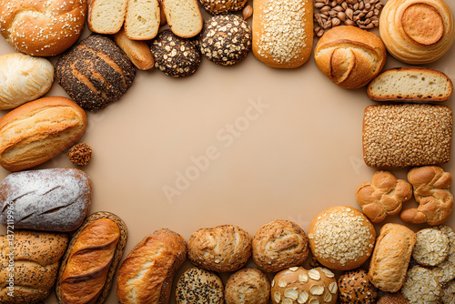 Lots of loaves of different freshly baked bread on a beige background.