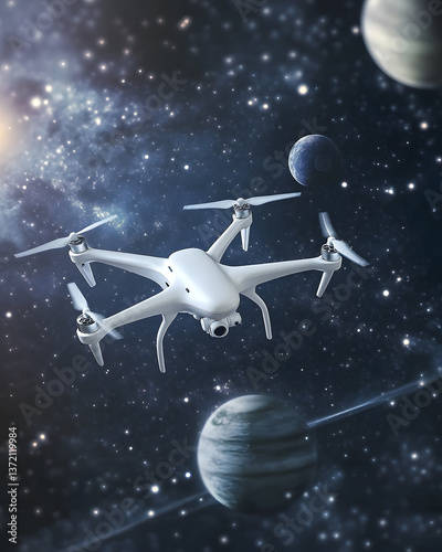 Modern white drone flying in space with stars and planets around it.