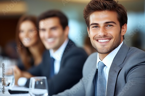 A smiling man in a suit is seated at a table