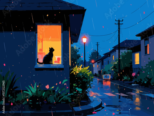  Outside the window, a cat is sitting in the house, and outside it is raining heavily