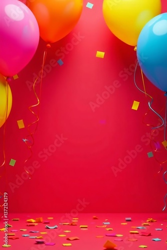 Colorful balloons and confetti on vibrant red birthday background, confetti, celebration