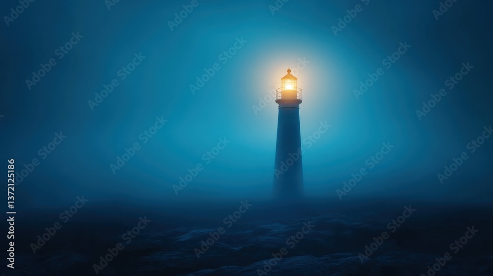 Majestic lighthouse glowing in the misty night, surrounded by serene waters and rocky shoreline, symbolizing guidance and hope for weary travelers