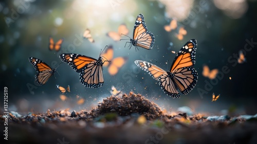 Monarch butterflies in flight, mystical scene