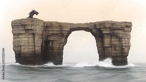 Dragon perched atop an ocean arch rock formation photo