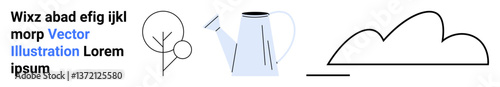 Watering can, abstract tree, and outline cloud conveying simplicity, growth, and care. Ideal for gardening, sustainability, environment, farming eco-awareness creativity simple landing page
