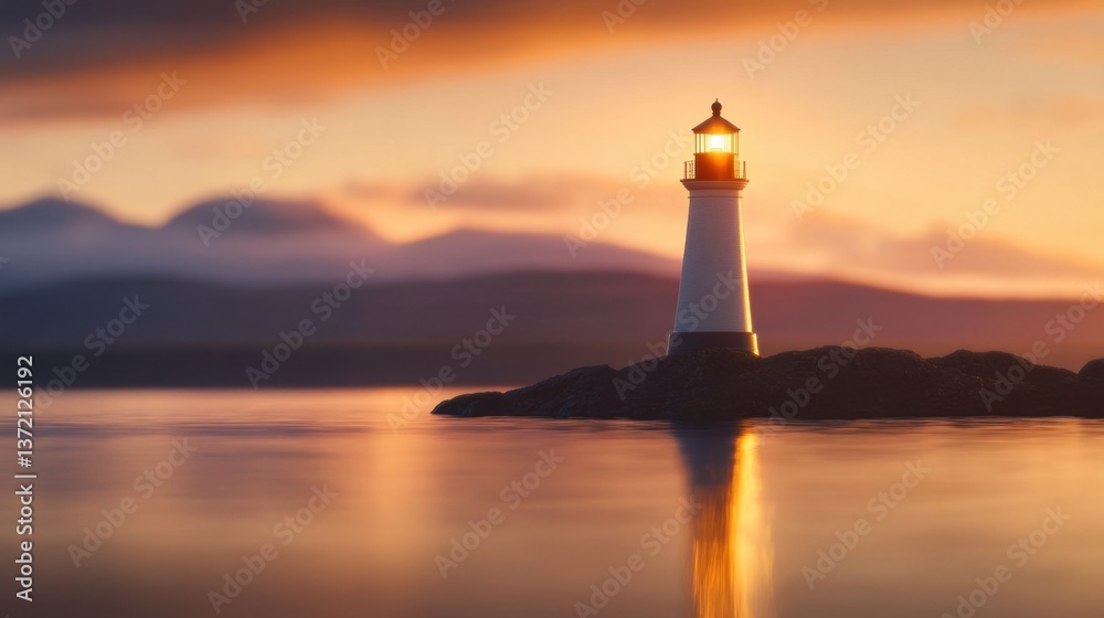 Serene Lighthouse at Sunset with Glowing Beacon and Calm Waters Reflecting Warm Tones of Dusk in a Tranquil Coastal Landscape Serene Lighthouse at Sunset with Glowing Beacon and Calm Waters Reflecting Warm Tones of Dusk in a Tranquil Coastal Landscape