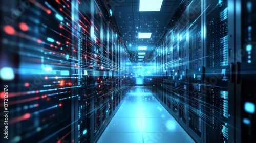 A futuristic AI powered cybersecurity system, monitoring digital threats in a high-tech data center, modern tech facility