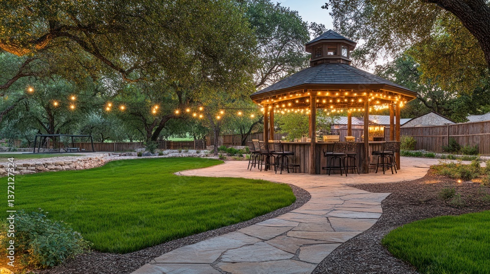 Outdoor gazebo bar at twilight, landscaped backyard Outdoor gazebo bar at twilight, landscaped backyard