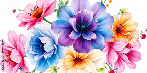 Delicate watercolor floral bouquet, vibrant hues on white background, soft, floral