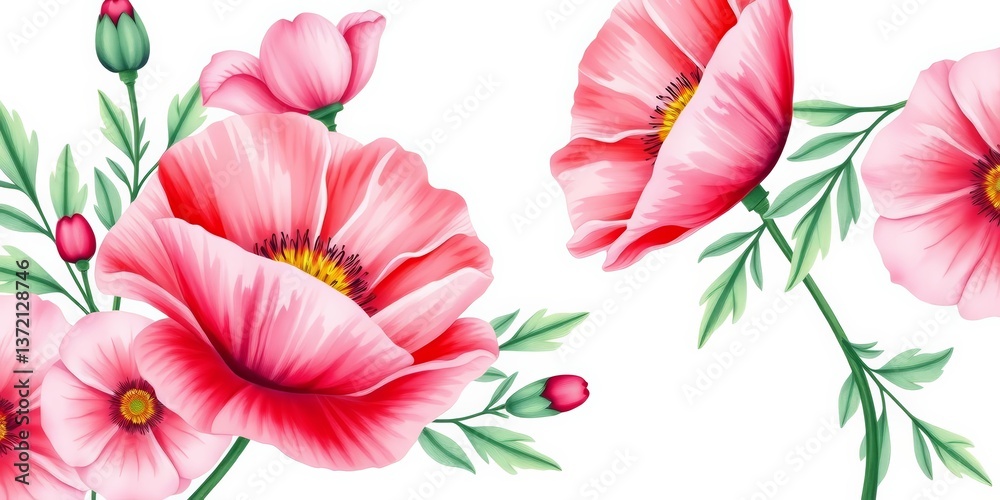 Fototapeta premium Delicate watercolor poppy border; abstract pink blooms, leaves, freesia, seamless, horizontal, botanical, wedding, card, white background, floral illustration , delicate, vibrant