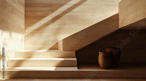 Wallpaper Mural A cinematic shot of sculptural staircase design, clean angles and soft curves in neutral sandstone tones, handcrafted pottery in the corner Torontodigital.ca