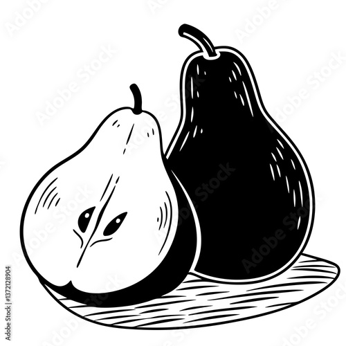 Black and white illustration of pears on a surface  