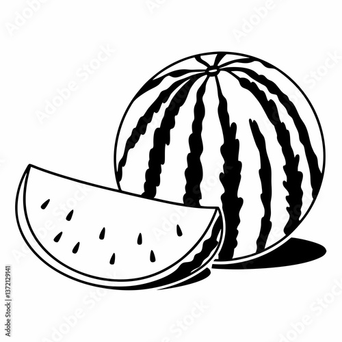 Watermelon slice and whole fruit illustration in black and white  