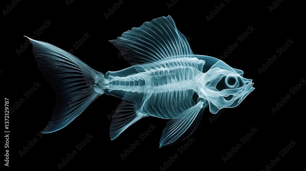 Fototapeta premium X-ray Image of a Transparent Fish Skeleton Displaying Intricate Bone Structure and Delicate Fin Details Against a Black Background