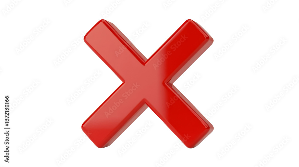 Fototapeta premium 3D Red Glossy X Mark Isolated on Transparent Background, Cross Symbol, Rejection Icon, Red cross, Glossy X, Cancel button