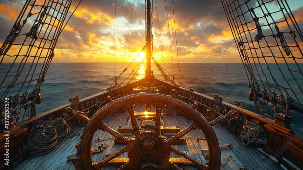 Sailing ship's wheel at sunset. View from the helm.  Possible use Stock photo for travel, adventure, or maritime themes