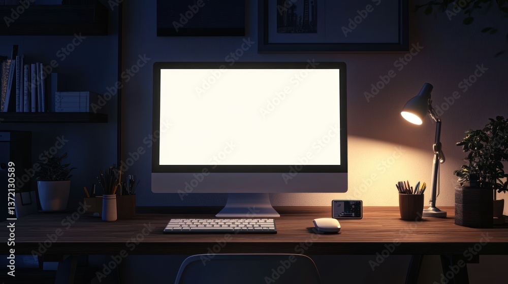 Home office workspace at night Home office workspace at night