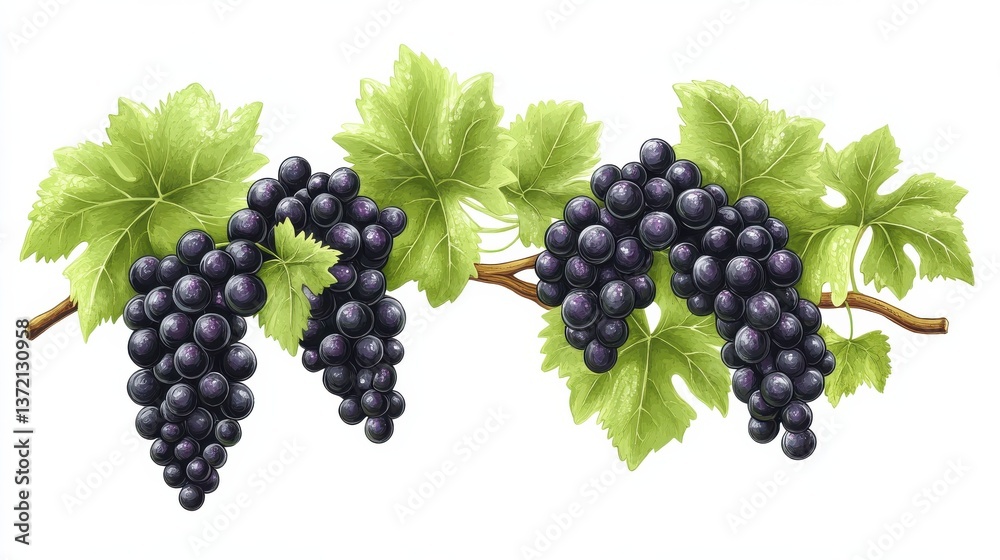 Grape bunch of green and dark grapes isolated on a white background illustration. Long grape branch illustration Grape bunch of green and dark grapes isolated on a white background illustration. Long grape branch illustration