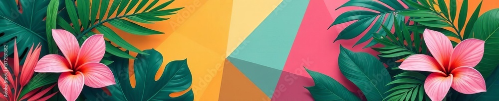 Tropical leaves and flowers on a colorful geometric background, leaves, colorful, summer Tropical leaves and flowers on a colorful geometric background, leaves, colorful, summer