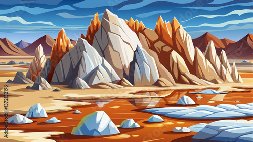 salt encrusted rocks by a desolate dry lake, desert landscape