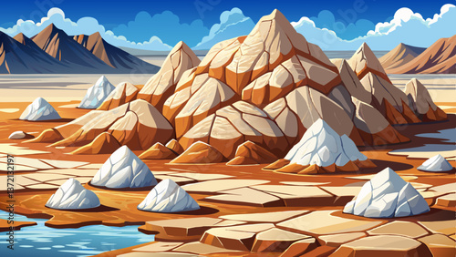 salt encrusted rocks by a desolate dry lake, desert landscape