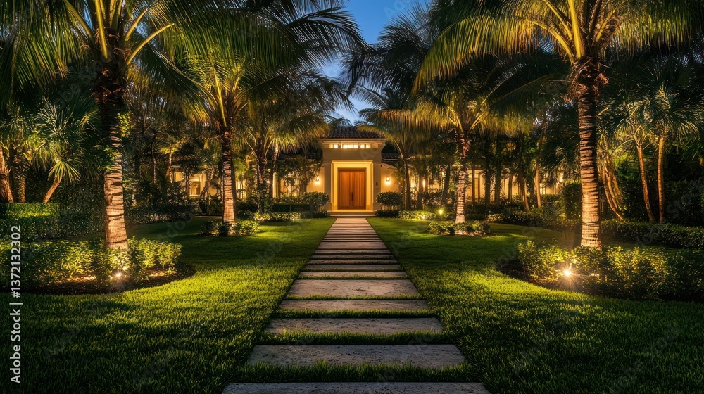 Evening home entrance, tropical landscaping, modern architecture, for real estate Evening home entrance, tropical landscaping, modern architecture, for real estate