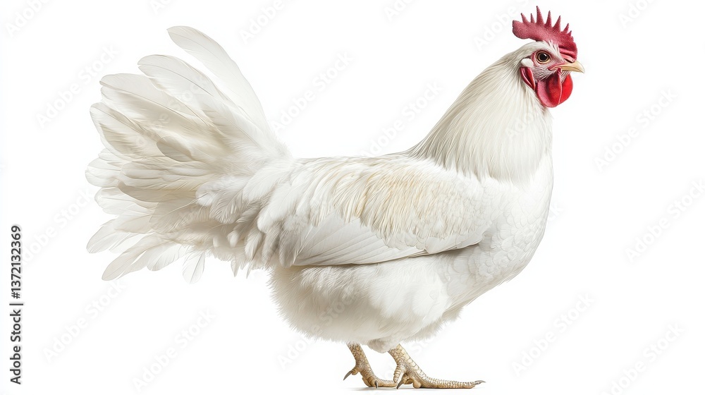 Fototapeta premium majestic white chicken with iridescent feathers posed elegantly against a pure white background, emphasizing its regal stature and detailed plumage illustration