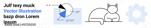 Minimalist chart with blue and black segments, a simple cat line drawing, and a faint gear outline. Ideal for analytics, creativity, data, pets, technology, abstract design simple landing page