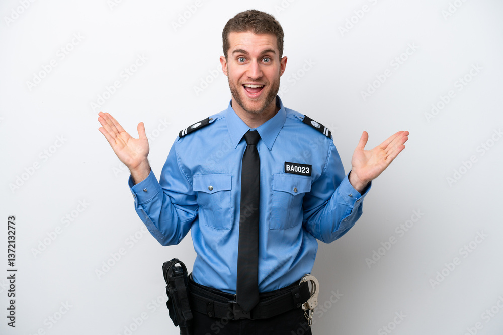 Young police caucasian man isolated on white background with shocked facial expression Young police caucasian man isolated on white background with shocked facial expression
