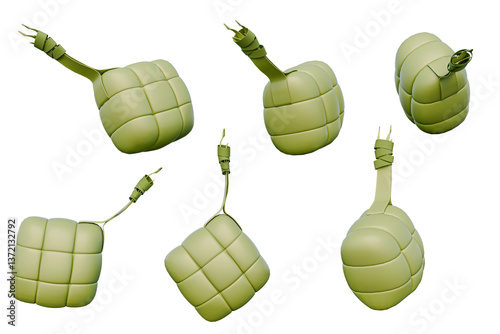 3d render of ketupat in various rotation directions. 3d rendering and 3d illustration