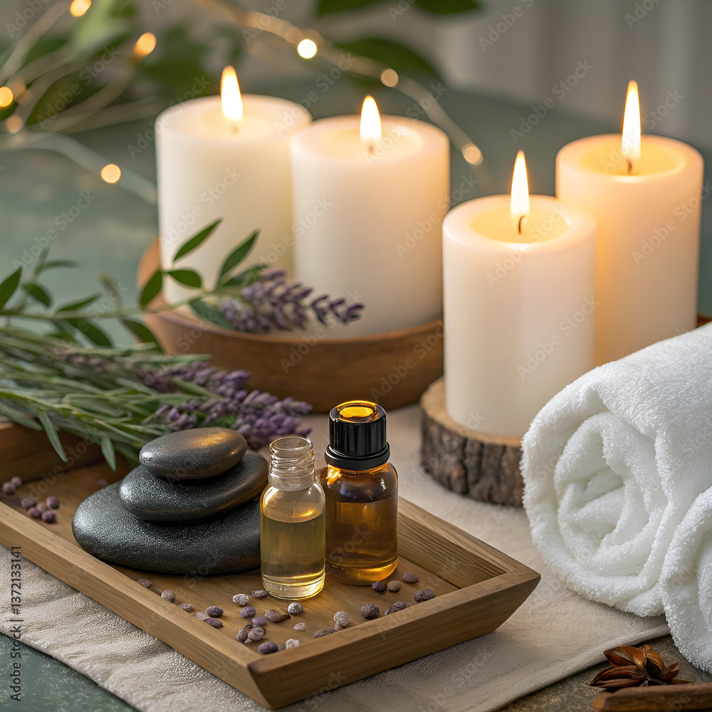 Serene and calming wellness spa arrangement featuring flickering candles, essential oils, and fresh lavender. Perfect ambiance for relaxation, aromatherapy, and rejuvenation.
Serene and calming wellness spa arrangement featuring flickering candles, essential oils, and fresh lavender. Perfect ambiance for relaxation, aromatherapy, and rejuvenation.