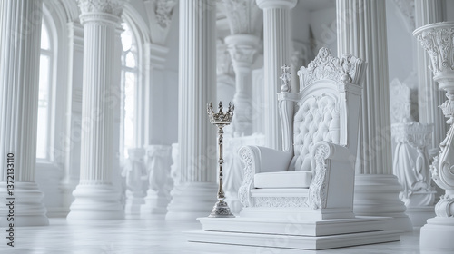 Regal throne in ornate white palace  exuding elegance and grandeur  with decorative crown nearby