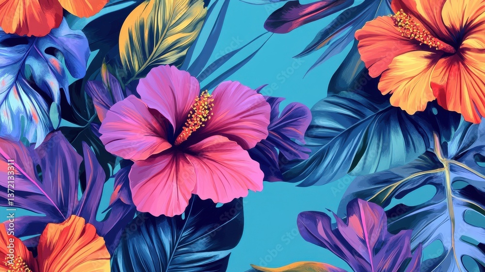 Seamless pattern of tropical flowers and leaves against a vibrant blue background, showcasing vivid colors and natural beauty,generative ai. illustration Seamless pattern of tropical flowers and leaves against a vibrant blue background, showcasing vivid colors and natural beauty,generative ai. illustration