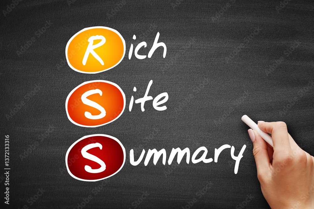 Fotografie RSS - Rich Site Summary acronym, internet concept background on blackboard