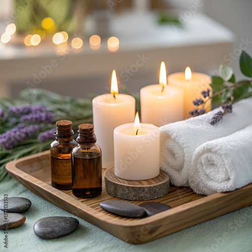 Serene and calming wellness spa arrangement featuring flickering candles, essential oils, and fresh lavender. Perfect ambiance for relaxation, aromatherapy, and rejuvenation.

