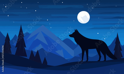 Minimalist Vector of Wolf Silhouette Under Moonlit Night Sky in Alpine Forest Landscape