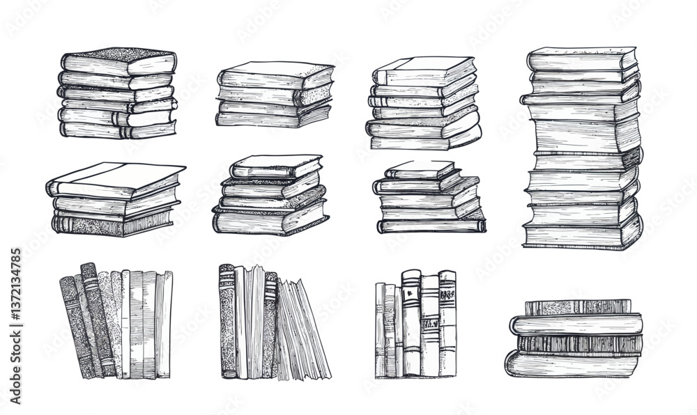 Engraved Sketch Illustration of Book Stacks in Minimalist Black and White Vector Style Engraved Sketch Illustration of Book Stacks in Minimalist Black and White Vector Style