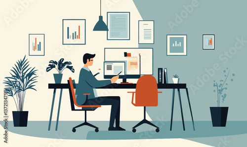 Minimalist Businessman Remote Work Home Office Illustration with Plants and Charts