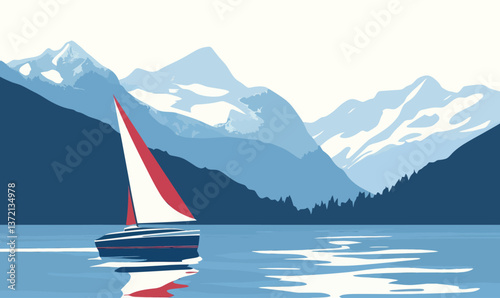 Minimalist Sailing Scene on Lake Geneva with Swiss Alps in SVG Vector Art Style