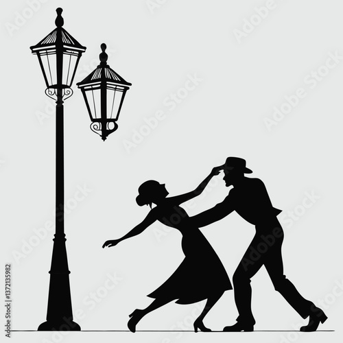 couple dancing the tango under a streetlight silhouette vector design art and illustration
