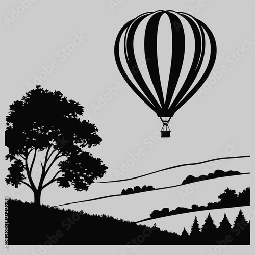 hot air balloon rising over a valley silhouette vector design art and illustration