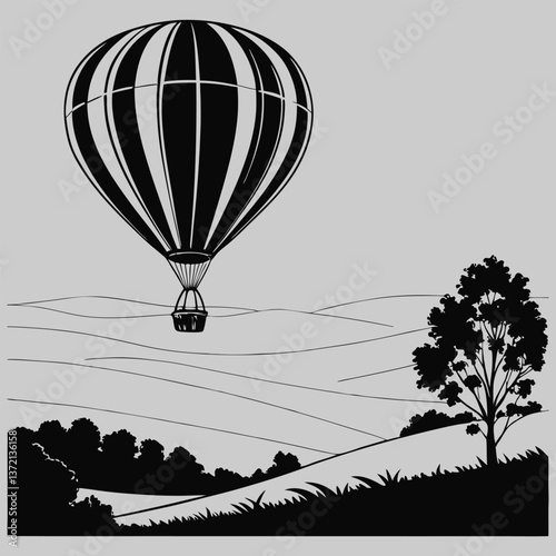 hot air balloon rising over a valley silhouette vector design art and illustration