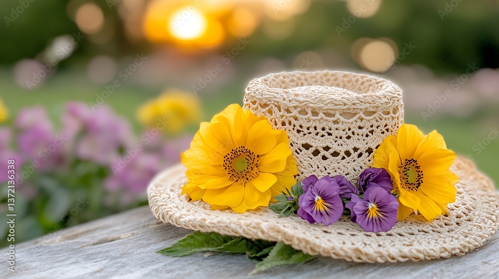 A beautifully adorned straw hat resting on a wooden surface A beautifully adorned straw hat resting on a wooden surface